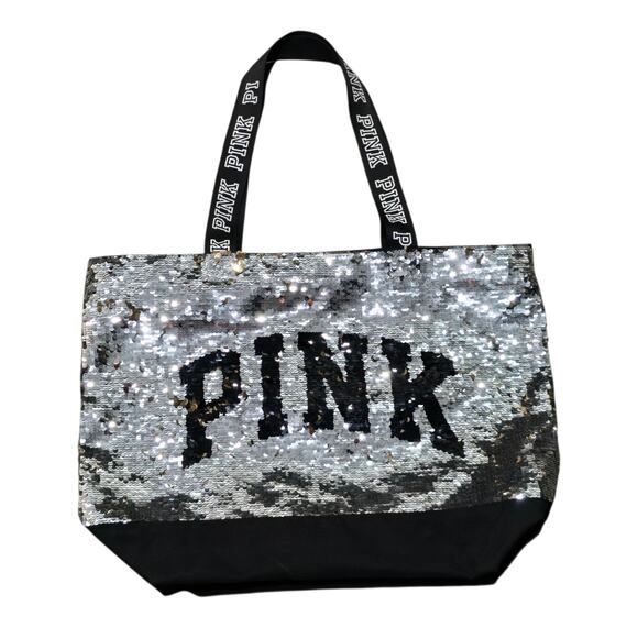 PINK Silver & Black Sequin Large Overnight Tote Carry All Beach Bag - Picture 1 of 10